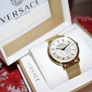 NWT • new VERSACE WATCH *Unisex Women's / Men's Gold Sterling Silver pearl inlay